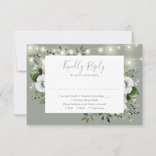 Cartons Réponse Sage Green Rustic String éclaire le Mariage floral (Devant)