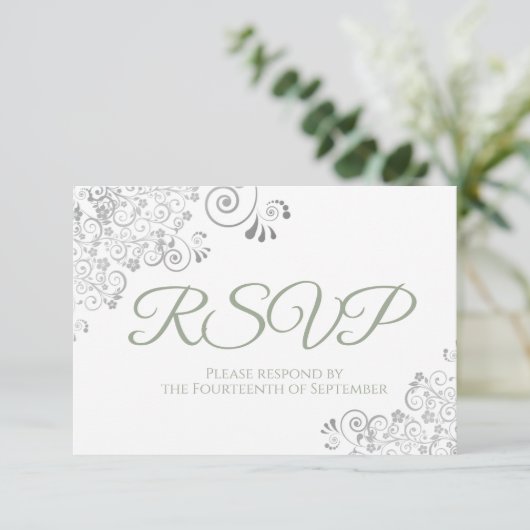 Cartons Réponse Sage Green sur blanc Elegant Mariage en dentelle a (Debout devant)