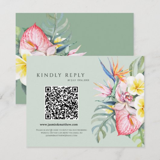 Cartons Réponse Sage Green Tropical Floral Hawaii QR Code Wedding (Devant / Derrière)