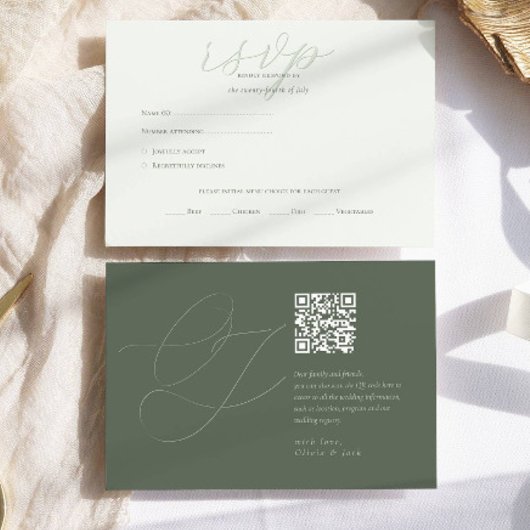 Cartons Réponse Sage moderne vert QR Code Initiales Mariage