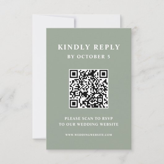 Cartons Réponse Sage vert avec texte élégant | Code QR mariage (Devant)