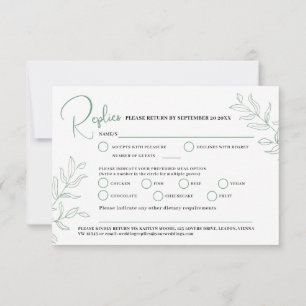 Cartons Réponse Sage vert branche option repas événement mariage R