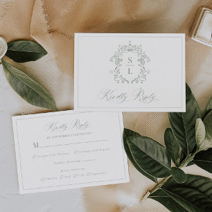 Cartons Réponse Sage Vert Élégant Blason Baroque Mariage Monogramm