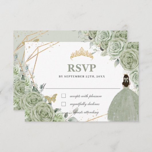 Cartons Réponse Sage Vert Floral Or Quinceañera Princesse Gown (Devant / Derrière)