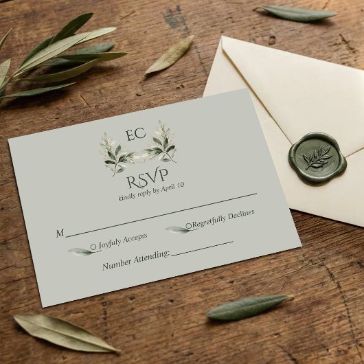 Cartons Réponse SageGreen Olive Branch Monogram Wedding