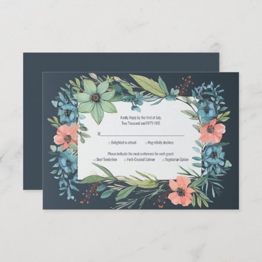 Cartons Réponse Saumon floral Whimsical Mariage bleu vert (Devant / Derrière)