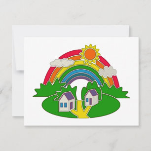 Cartons Réponse Scène rurale avec arc-en-ciel et maison de campagn