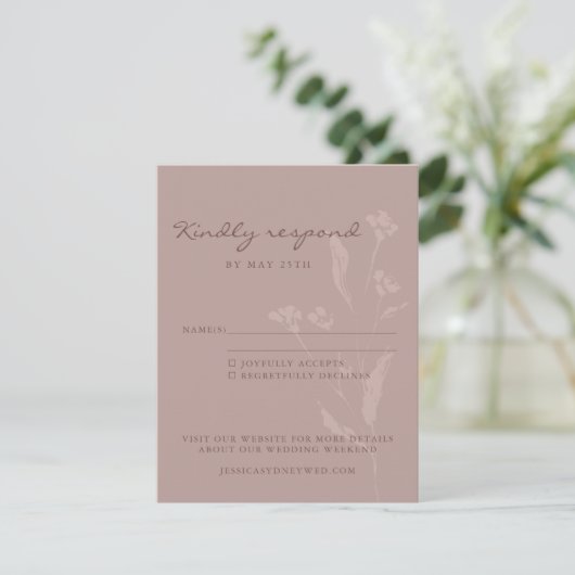 Cartons Réponse Script Botanique Chic Simple Mariage Dusty Mauve (Debout devant)