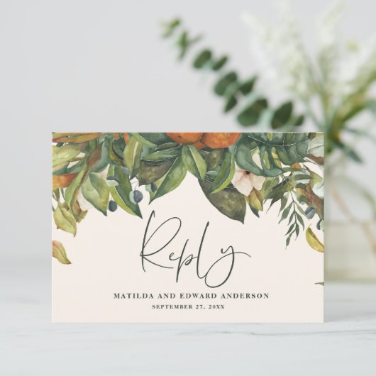 Cartons Réponse Script élégant mariage agrumes botanique moderne (Debout devant)
