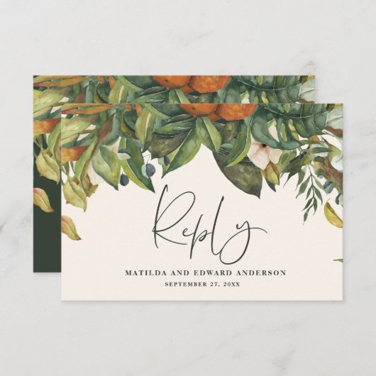 Cartons Réponse Script élégant mariage agrumes botanique moderne (Devant / Derrière)