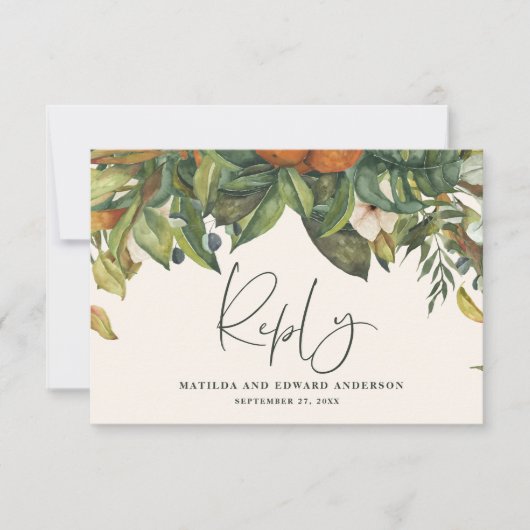 Cartons Réponse Script élégant mariage agrumes botanique moderne (Devant)