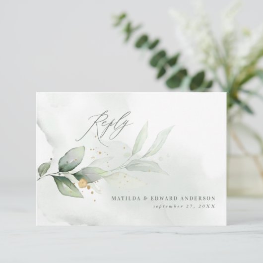 Cartons Réponse Script élégant mariage vert botanique moderne (Debout devant)