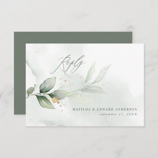 Cartons Réponse Script élégant mariage vert botanique moderne (Devant / Derrière)