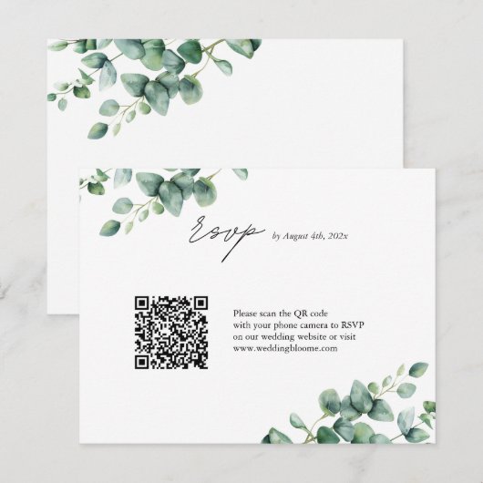 Cartons Réponse Script Eucalyptus vert mariage de code QR (Devant / Derrière)