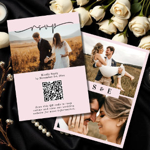 Cartons Réponse Script minimaliste rose pâle Code QR Mariage photo