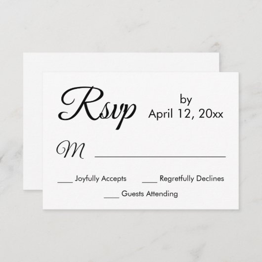 Cartons Réponse Script simple et élégant, Mariage noir et blanc (Devant / Derrière)