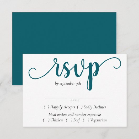 Cartons Réponse Script Turquoise simple | Choix de repas bleu fonc (Devant / Derrière)