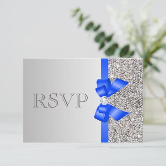 Cartons Réponse Séquins d'argent Diamond Royal Blue Bow Wedding RS (Debout devant)