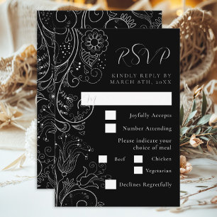 Cartons Réponse Silver Black Elegant Floral Mariage Choix de repas