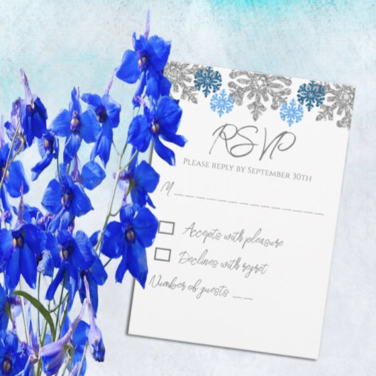 Cartons Réponse Silver Blue Snowflakes Mariage d'hiver