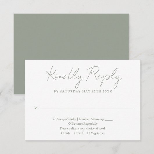Cartons Réponse Simple Chic Sage Green Élégant Mariage de script (Devant / Derrière)