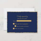 Cartons Réponse Simple Elegance Marine Blue Luxe Gold Edge Mariage (Devant)
