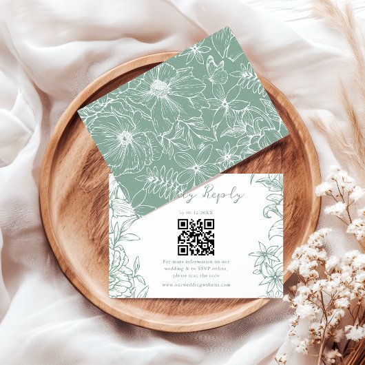 Cartons Réponse Simple Élégant Code QR Fleurs Vert Sauge Mariage
