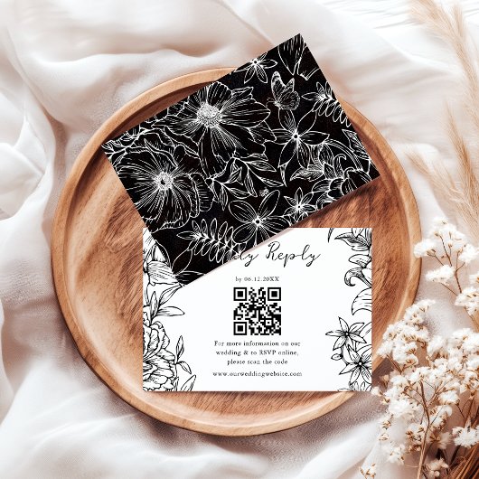 Cartons Réponse Simple Élégant Code QR Floral Noir Blanc Mariage