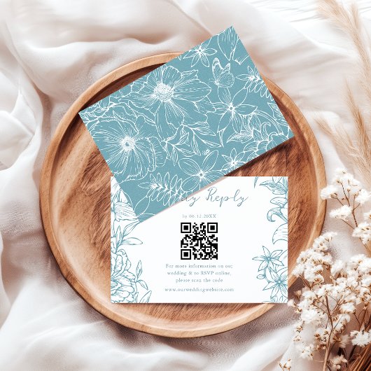 Cartons Réponse Simple Elegant Dusty Blue Floral QR Code Wedding