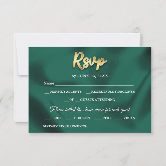 Cartons Réponse Simple Elegant Emerald Green & Gold Script Mariage (Devant)