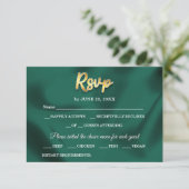 Cartons Réponse Simple Elegant Emerald Green & Gold Script Mariage (Debout devant)