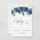 Cartons Réponse Simple Élégant Mariage Fleurs Bleu Marine Script (Devant)