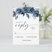 Cartons Réponse Simple Élégant Mariage Fleurs Bleu Marine Script (Debout devant)