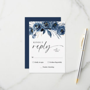 Cartons Réponse Simple Élégant Mariage Fleurs Bleu Marine Script