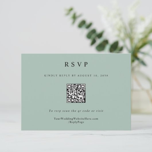 Cartons Réponse Simple Elegant Moderne Sage Vert Mariage QR Code (Debout devant)