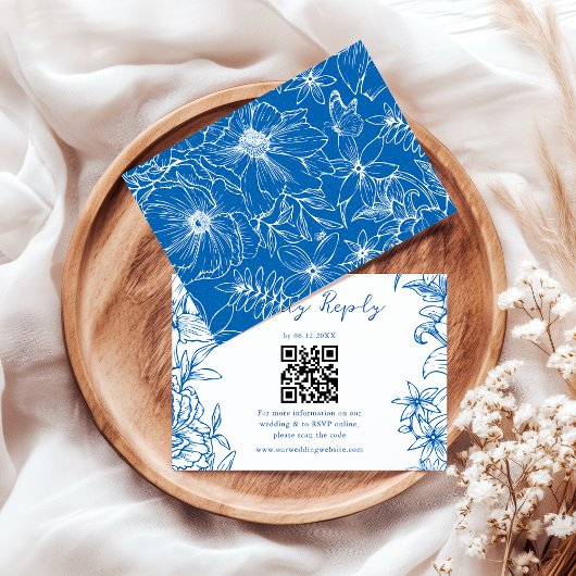 Cartons Réponse Simple Elegant Royal Blue Floral QR Code Wedding