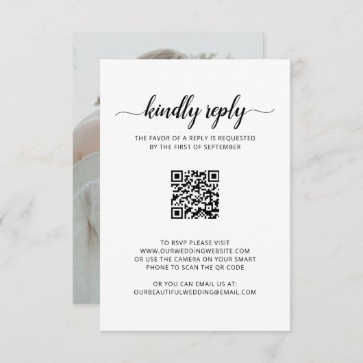 Cartons Réponse Simple élégant script photo QR Code Mariage (Devant / Derrière)