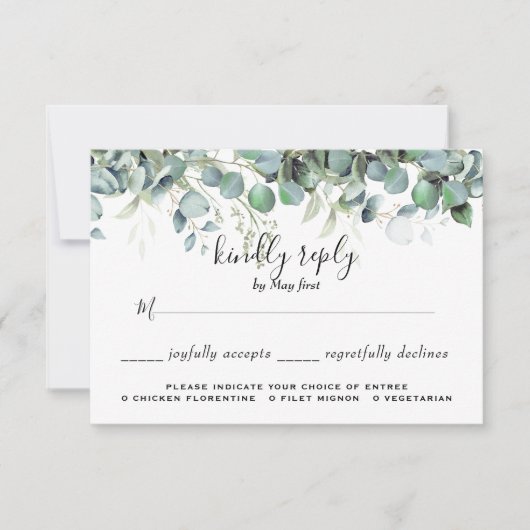 Cartons Réponse Simple Eucalyptus Vert Mariage choix de repas (Devant)