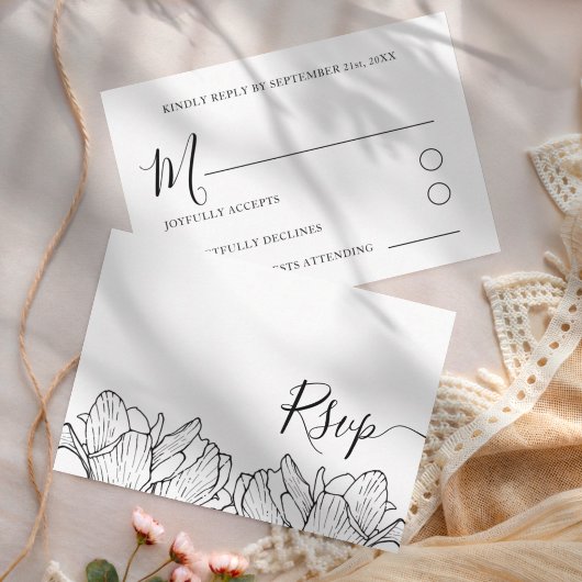 Cartons Réponse Simple Mariage Botanique Noir & Blanc