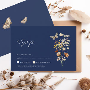 Cartons Réponse Simple Marine Bleu Automne Fleur sauvage Mariage