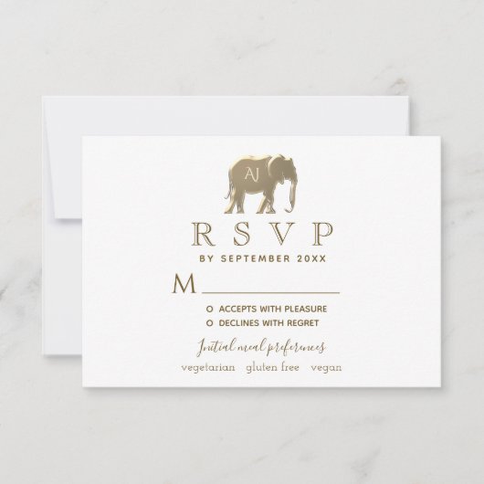 Cartons Réponse Simple Moderne Blanc & Or Éléphant Mariage (Devant)