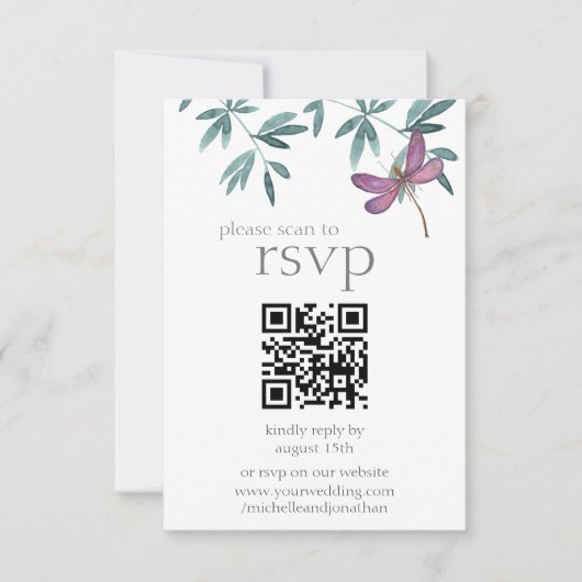 Cartons Réponse Simple moderne Dragonfly Greenery Mariage QR Code (Devant)