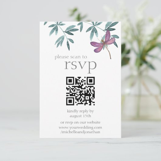 Cartons Réponse Simple moderne Dragonfly Greenery Mariage QR Code (Debout devant)