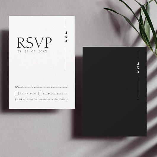 Cartons Réponse Simple Monogramme Initiales Mariage Noir Blanc