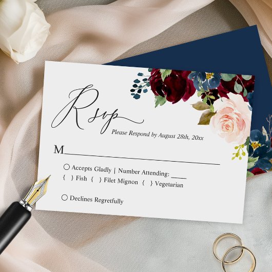 Cartons Réponse Simple Script Burgundy Navy Blush Floral Mariage