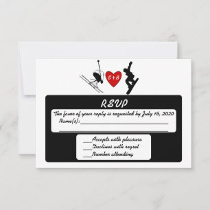 Cartons Réponse Ski noir blanc snowboard mariage personnalisé cart