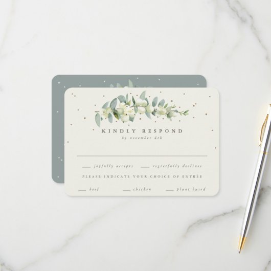 Cartons Réponse Snowberry vert/crème+Eucalyptus Mariage à tige (Devant/Arrière en situation)
