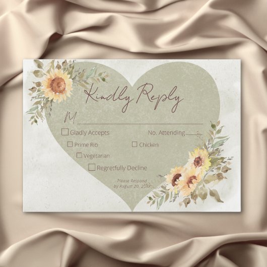 Cartons Réponse Soft Sunflowers Boho Heart Mariage Trois Dîners