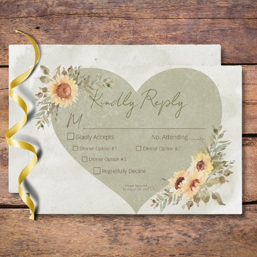 Cartons Réponse Soft Sunflowers Boho Heart Mariage Trois Dîners