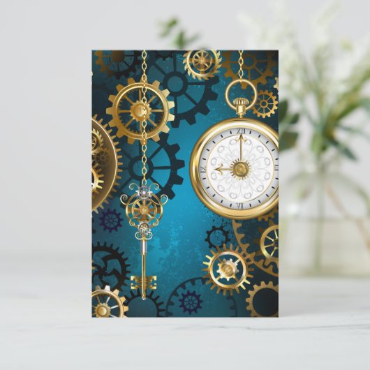 Cartons Réponse Steampunk Arrière - plan turquoise avec Gears (Debout devant)